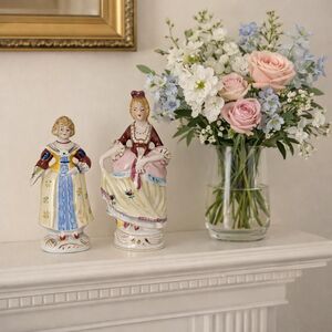 Occupied Japan Figurines Pair, Vintage 18th Century Style Women, Mid Century